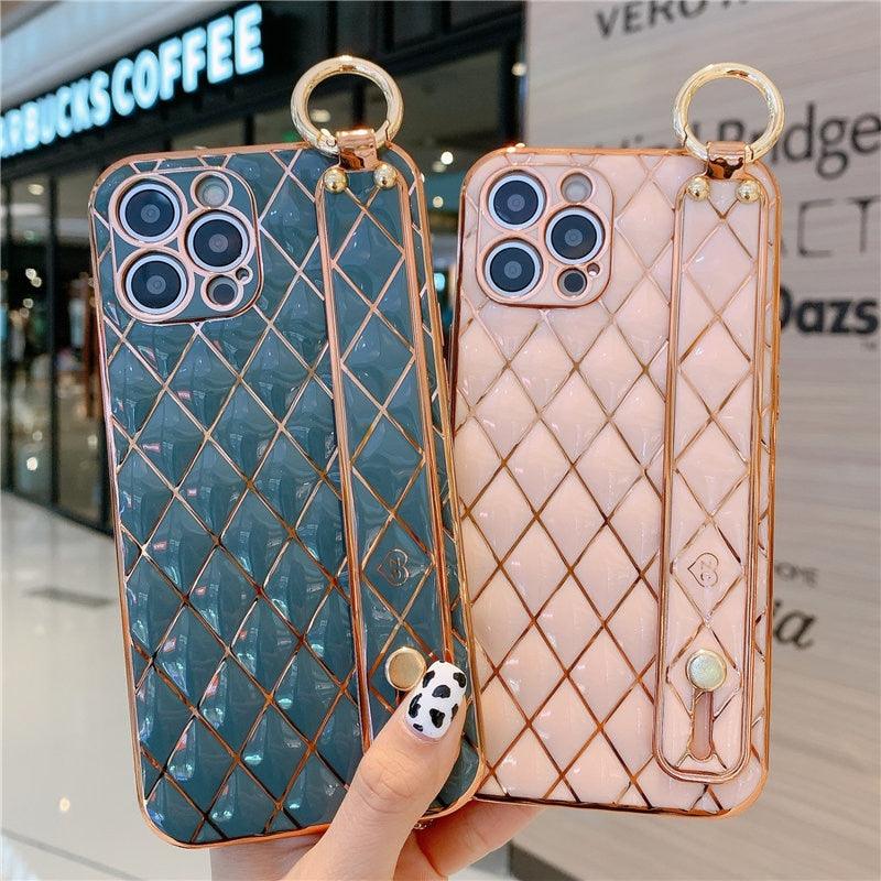 Luxury Blue Pink Gold Color Plating Soft Case Cell Phone Case For iPhone 11 12 13 Pro Max XS Max XR X 8 7 Plus Luxury Wrist Strap Plating Frame Geometric Soft Covers Bumper Iphone Case