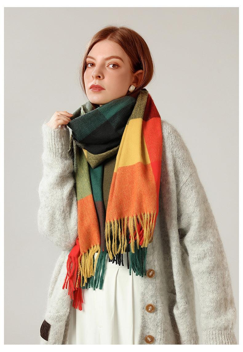 Luxury Fashion Autumn Winter Soft Warm Scarf Plaid Colorful Hijabs Cashmere Scarves Warm Soft Bandana Women's Lightweight Scarves Elegant Echarpe  Escharpe Soft Wool Elegant Tassel For Women