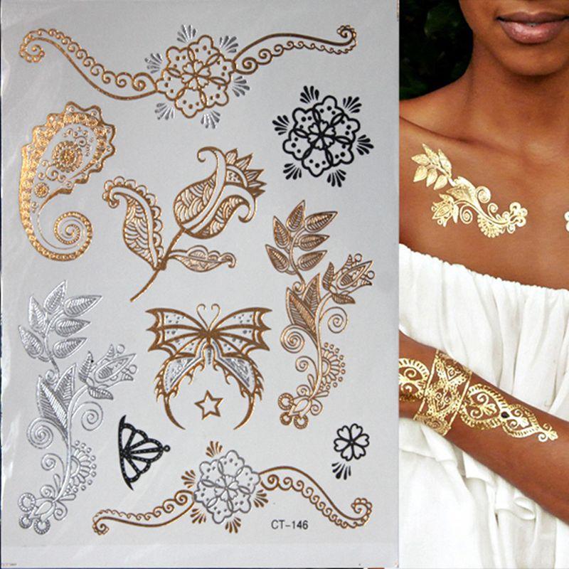 Luxury Flash Metallic Waterproof Temporary Tattoo Gold Silver Flower Tattoo Sticker Long Lasting Gold Design For Womens