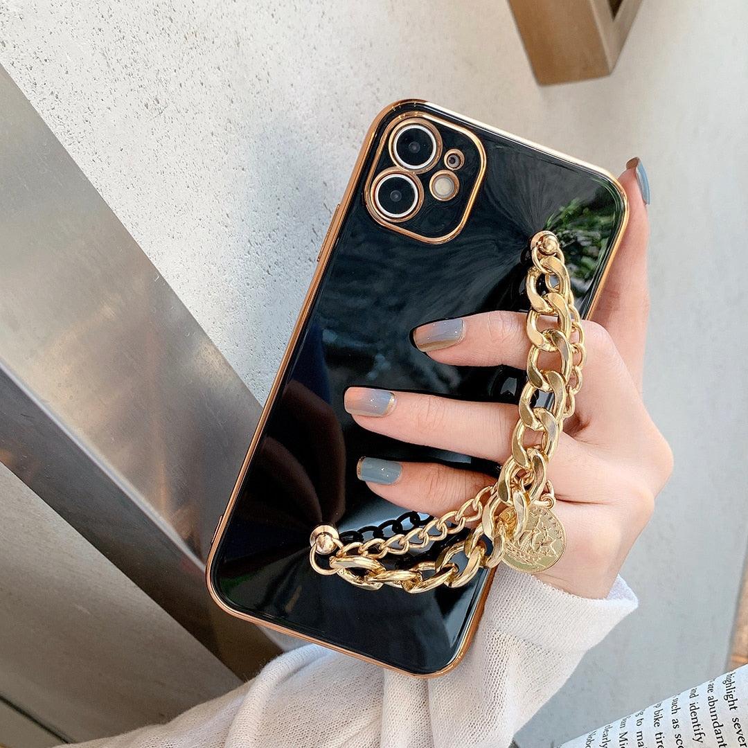 Luxury Glossy Gold Color Metal Coin Bracelet Chain Protective Case Cover For iPhone Soft Case for iPhone 13 12 Pro Max 14 11 pro max X XS XR 7 8 Plus Cover