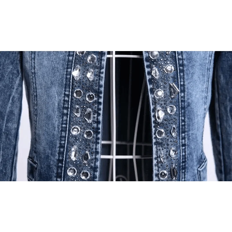 Luxury Spring Fashionable Women Denim Jacket Slim Zipper Casual Short Sequins Outerwear Ladies Vintage Crystal Biker