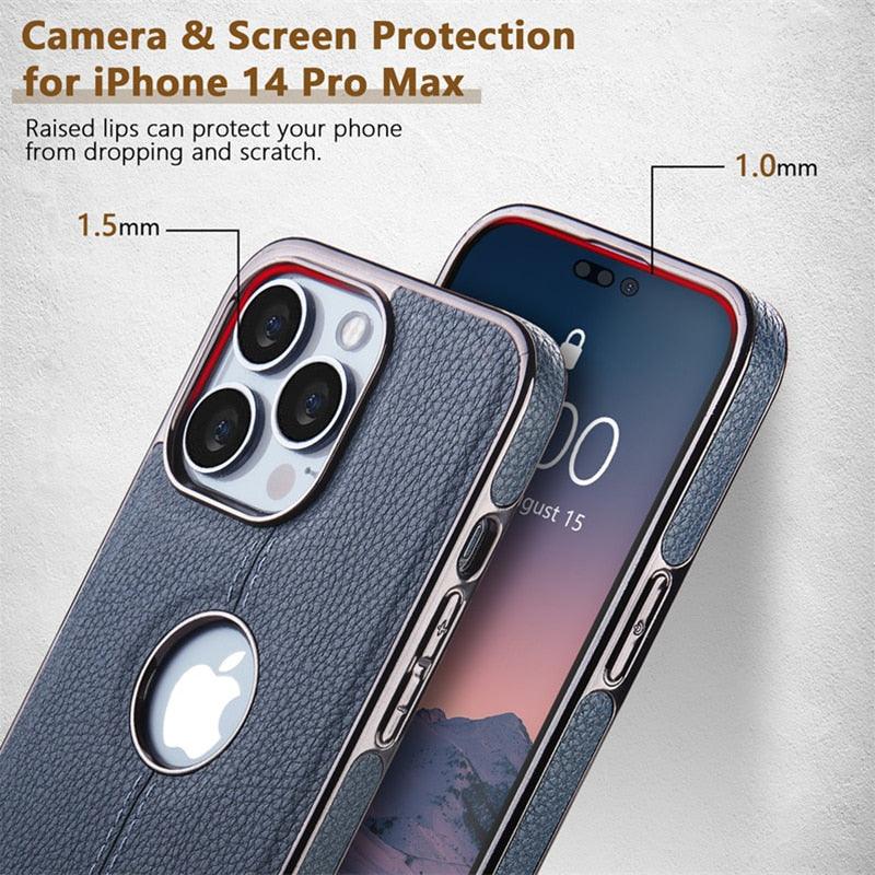 Luxury Texture Leather Case for iPhone 14 Pro MAX Plus Case With Hole Silicone Full Protection Back Cover Thin Flexible Soft Grip Luxury PU Leather Cover  Durable Anti-Scratch Full Phone Cases