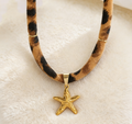 Leopard Print Ribbon Necklace with Sun & Gecko Charms