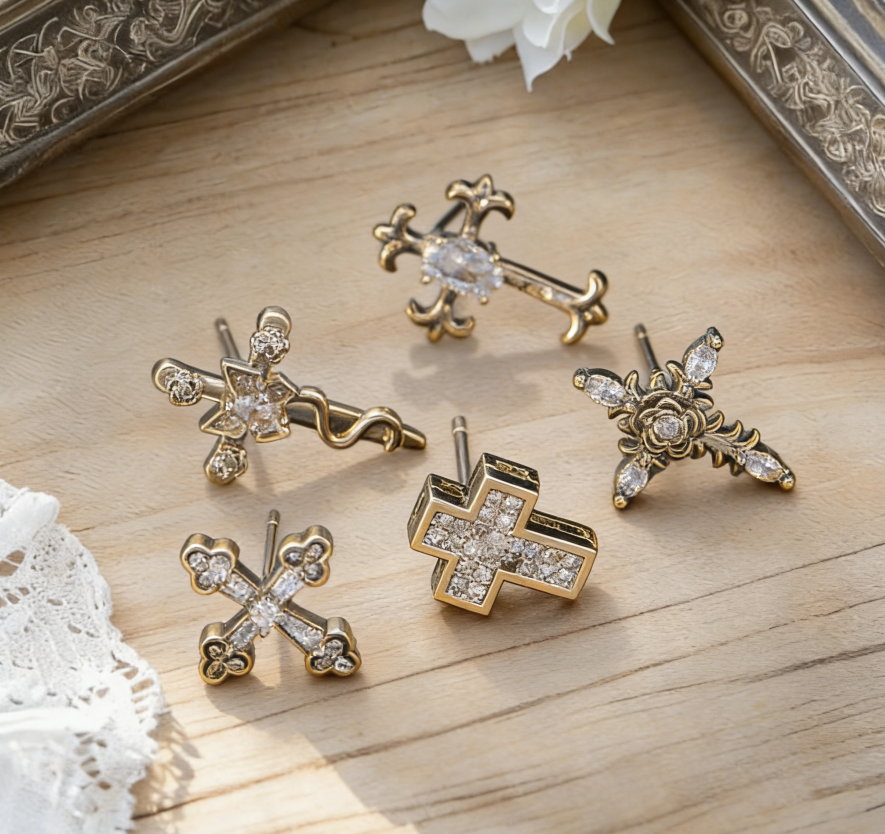 Light Luxury Copper Zircon Cross Earrings
