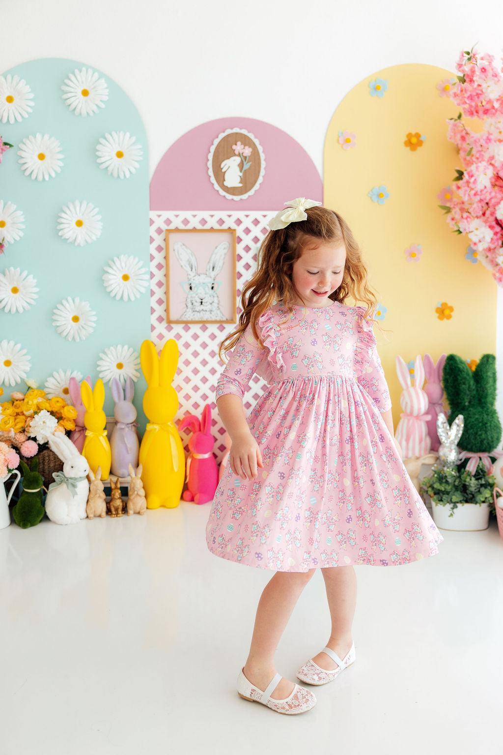 Little Bow Peeps 3/4 Sleeve Ruffle Twirl Dress