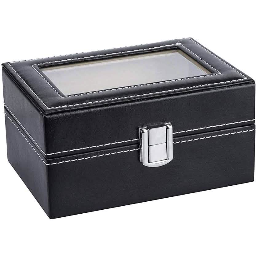 Mens Black Leather Display Glass Top Jewelry Case Organizer