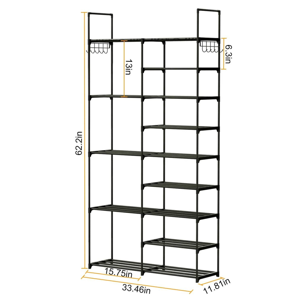 Metal Shoe Storage Shelf Free Standing Shoe Stand with 2 Row Hooks