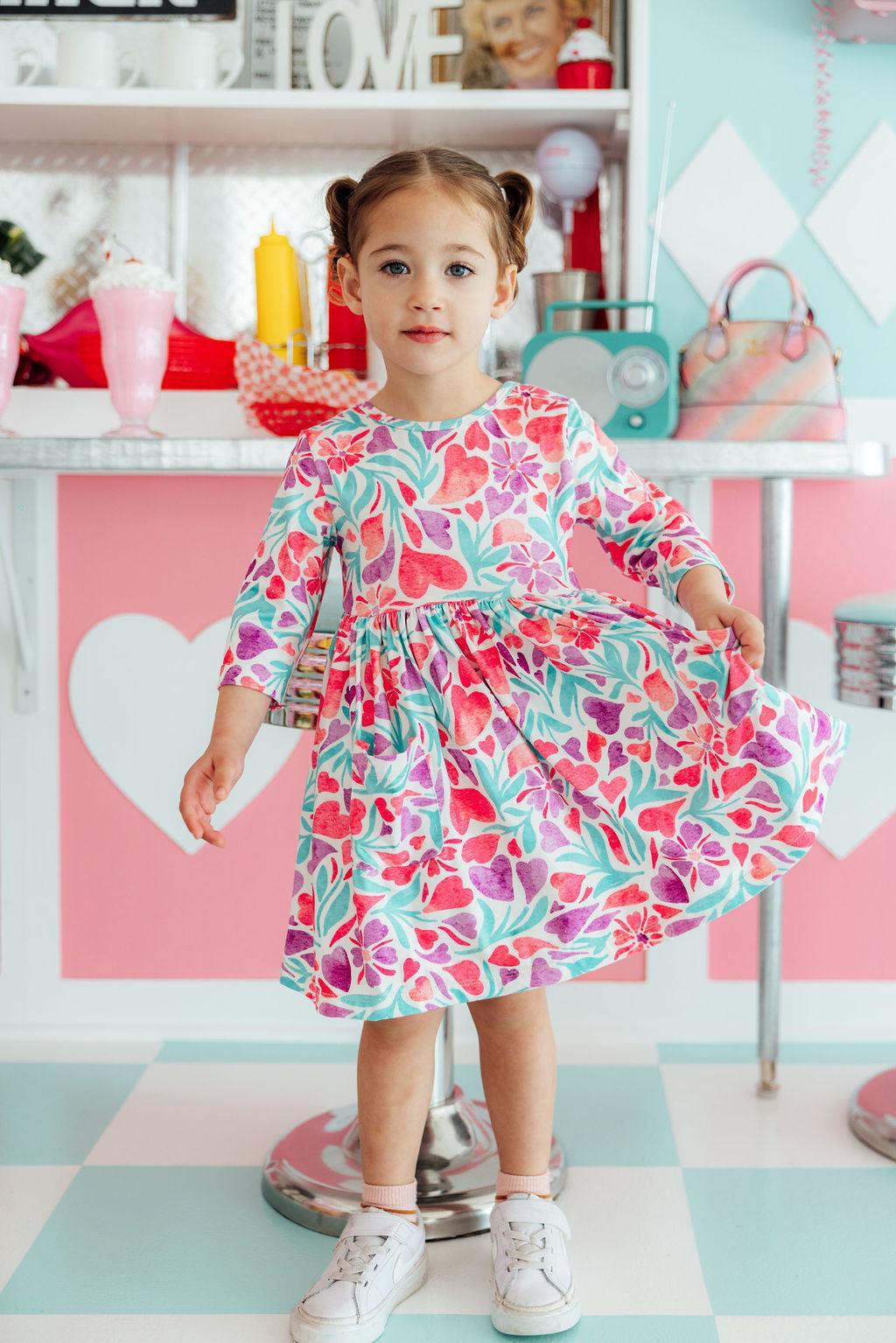 SALE Watercolor Hearts 3/4 Sleeve Pocket Twirl Dress