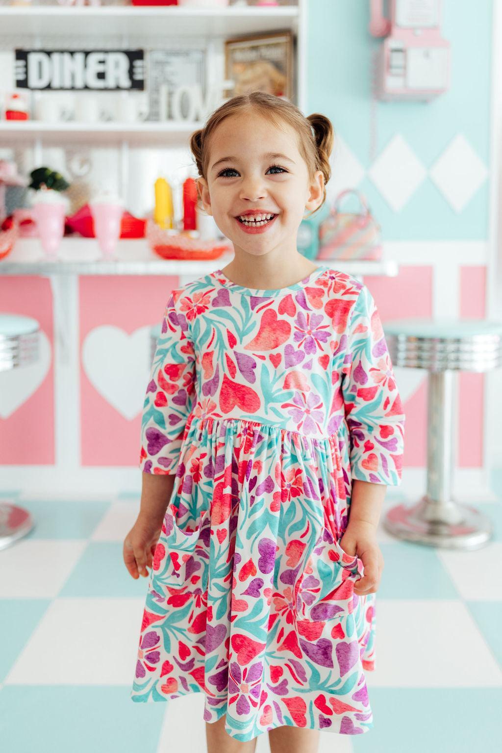 SALE Watercolor Hearts 3/4 Sleeve Pocket Twirl Dress