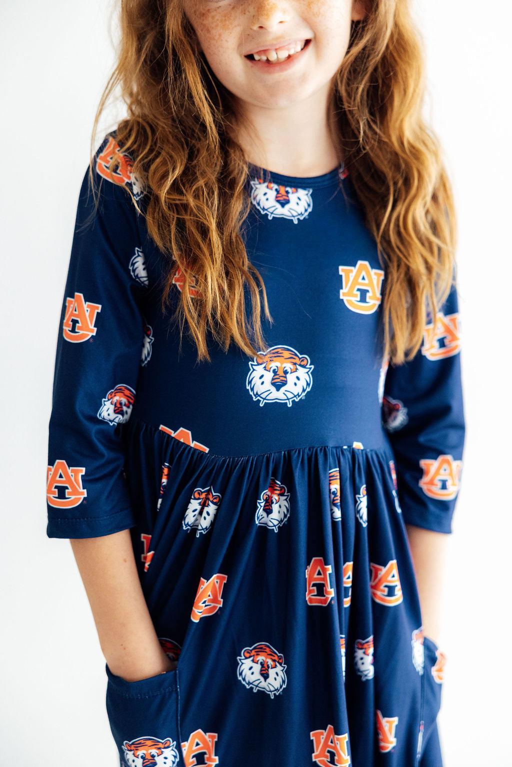 Auburn Blue Aubie 3/4 Sleeve Pocket Twirl Dress