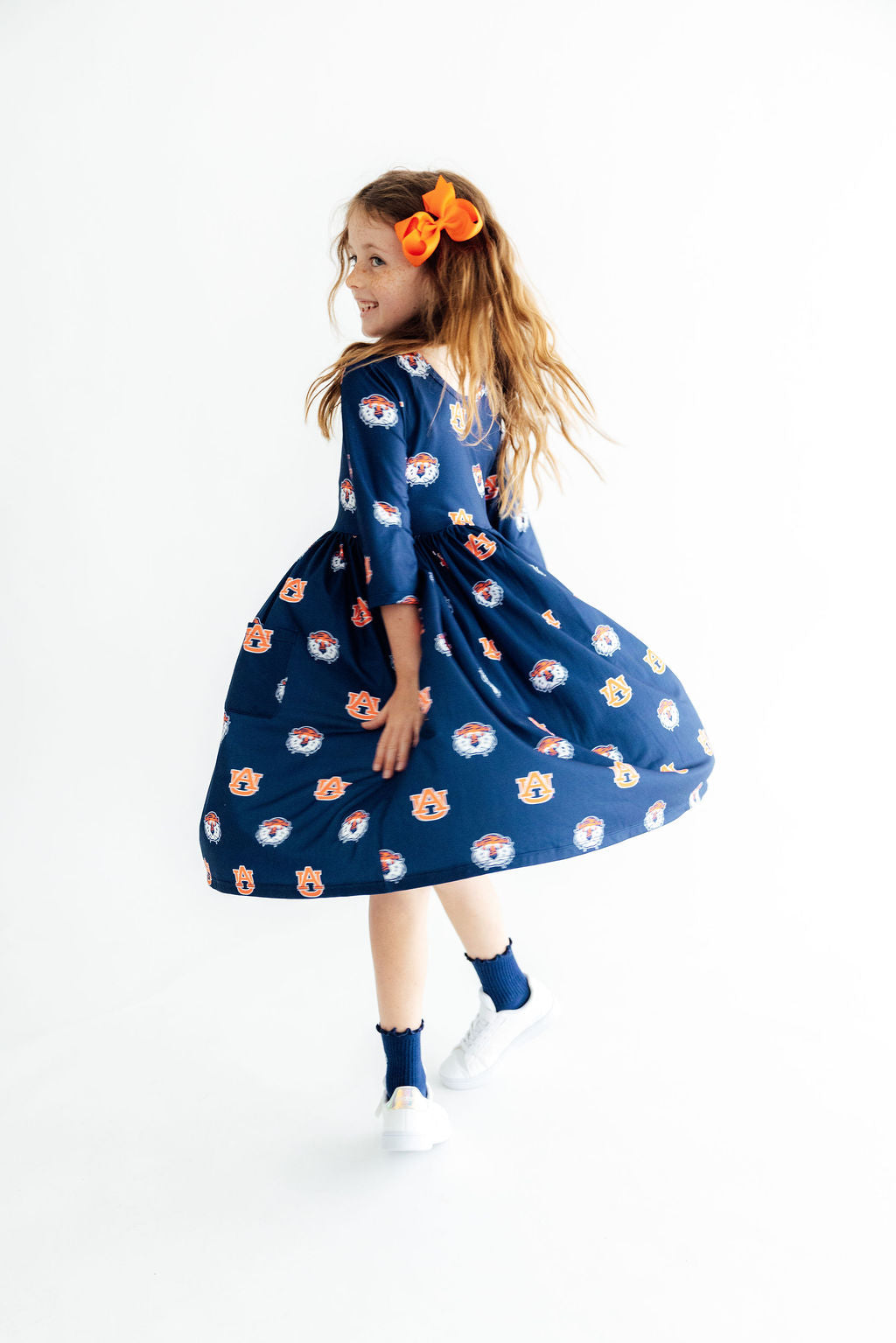 Auburn Blue Aubie 3/4 Sleeve Pocket Twirl Dress