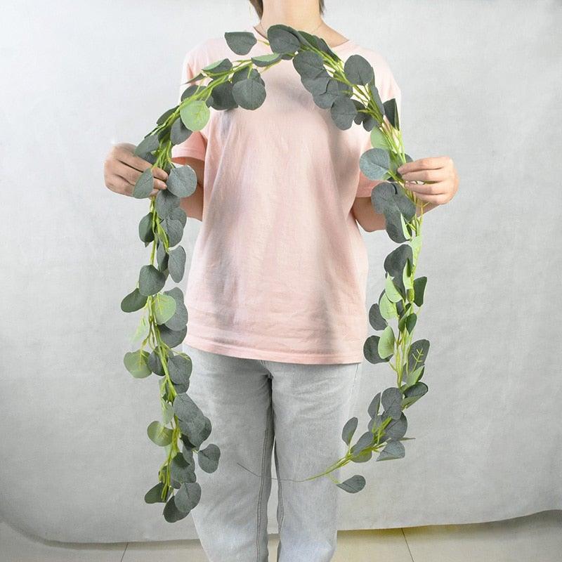 Modern Artificial Green Eucalyptus Leaves Garland Wisteria Rattan Fake Decor Silk Leaf Vines For Wedding Birthday Party Decor