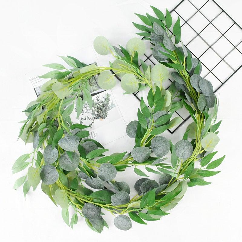 Modern Artificial Green Eucalyptus Leaves Garland Wisteria Rattan Fake Decor Silk Leaf Vines For Wedding Birthday Party Decor