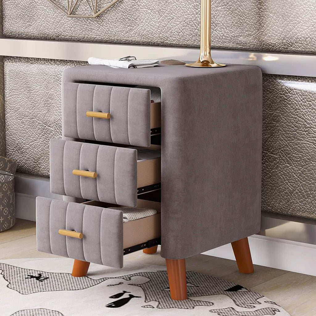Modern Bedside Velvet Upholstered 3-Drawer Nightstand with Metal Handles