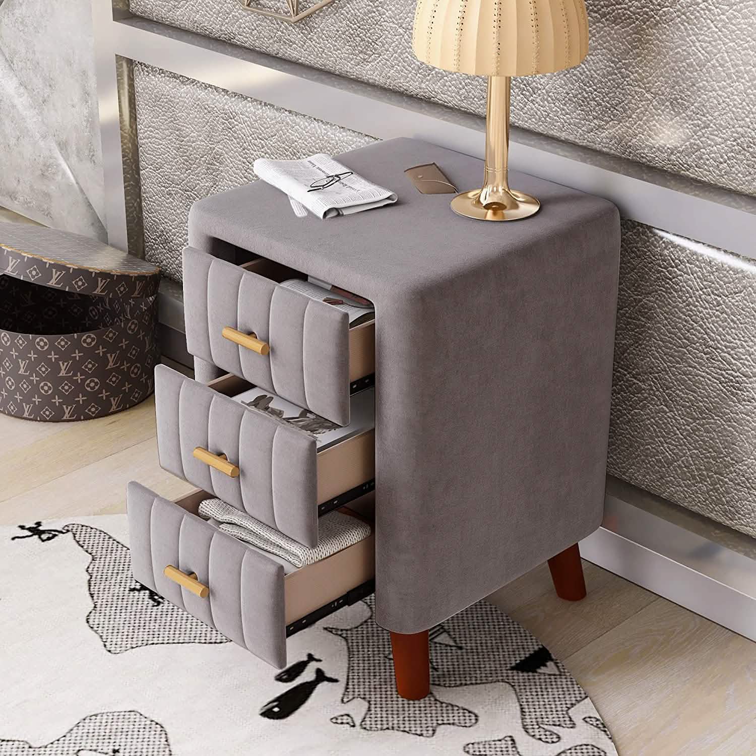 Modern Bedside Velvet Upholstered 3-Drawer Nightstand with Metal Handles