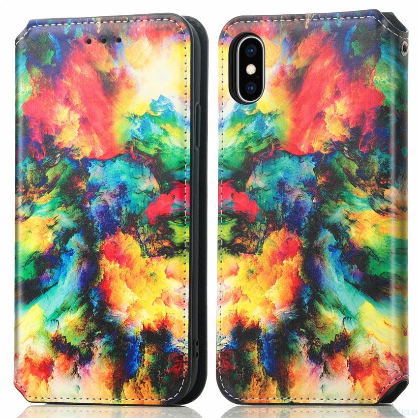 Multicolored Phone Case For iPhone 13 12 11 Pro Mini Cover Wallet Card Slot Flip Magnetic Leather PU Leather Flip Wallet Cover with Card Slots Case Cover