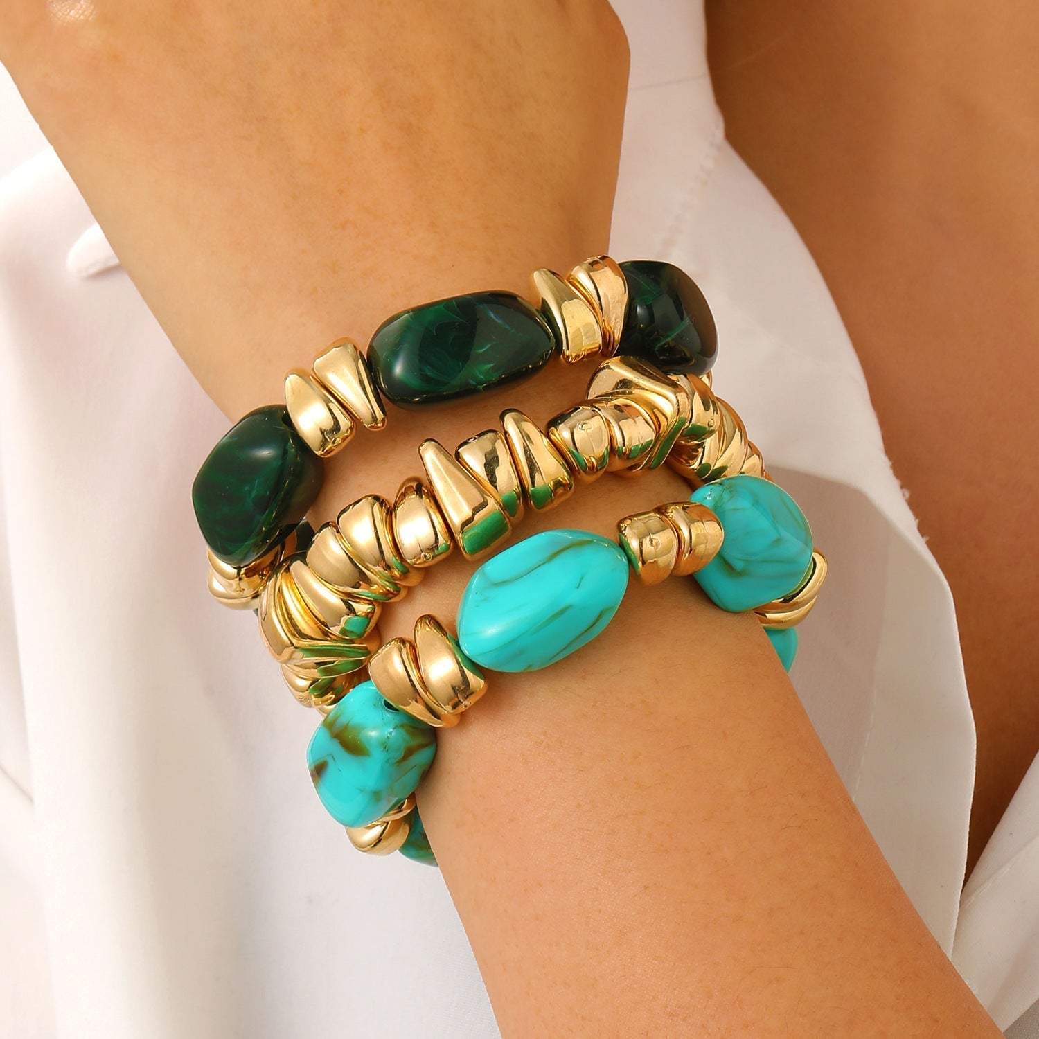 Vintage Irregular Resin Silver Chip Bracelet Set