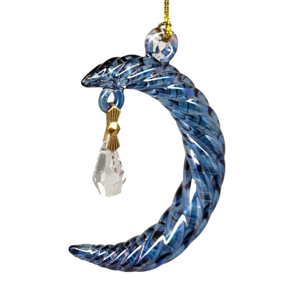 Small Crescent Moon Glass Ornament - Blue