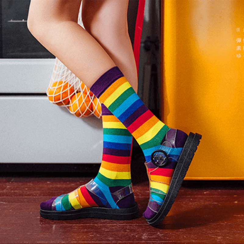 New Arrival Cotton Elasticity Sweat Women Long Sock Candy Colors Rainbow Patterned Sporty Retro Harajuku Casual Socks For Men And Women