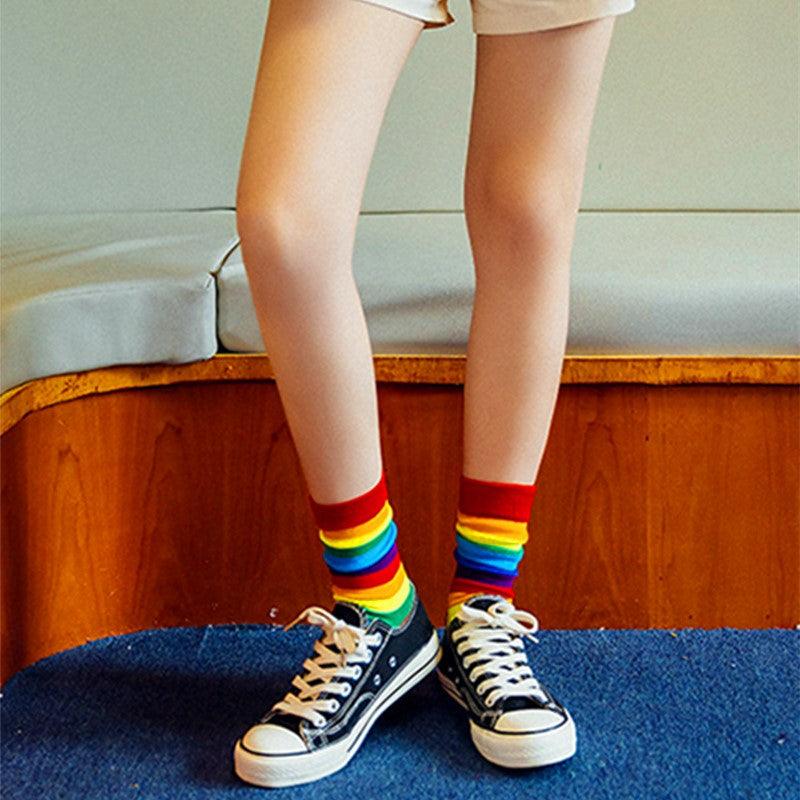 New Arrival Cotton Elasticity Sweat Women Long Sock Candy Colors Rainbow Patterned Sporty Retro Harajuku Casual Socks For Men And Women