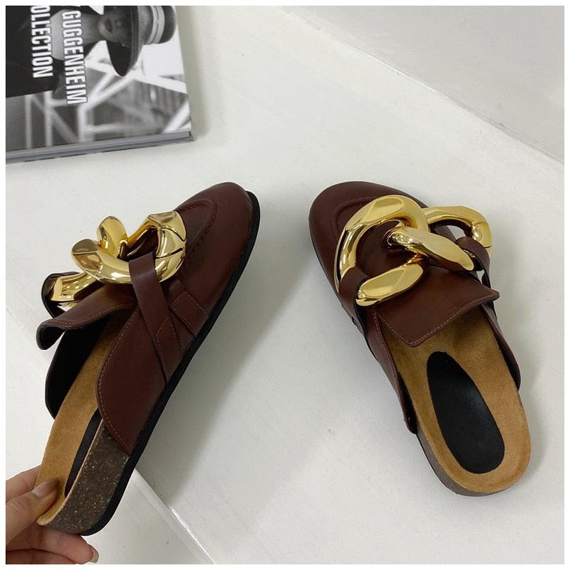 Gold Chain Women Slipper Closed Toe Slip On Mules Shoes Round Toe Low Heels Casual Slides Flat Sandals Slip On Slide Sandals Elegant Heels Slides Slippers