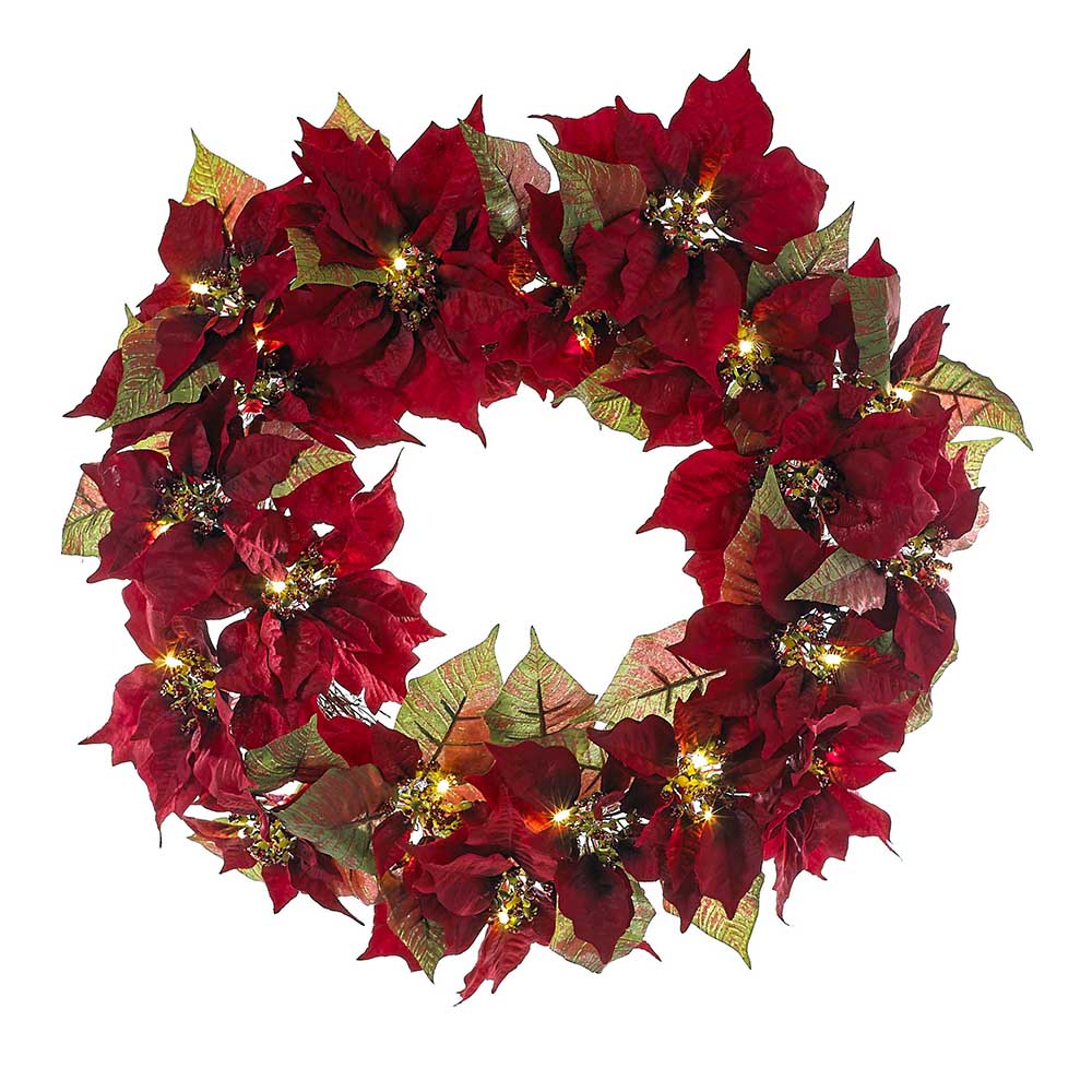 18" Battery-Operated LED Red Poinsettia Wreath