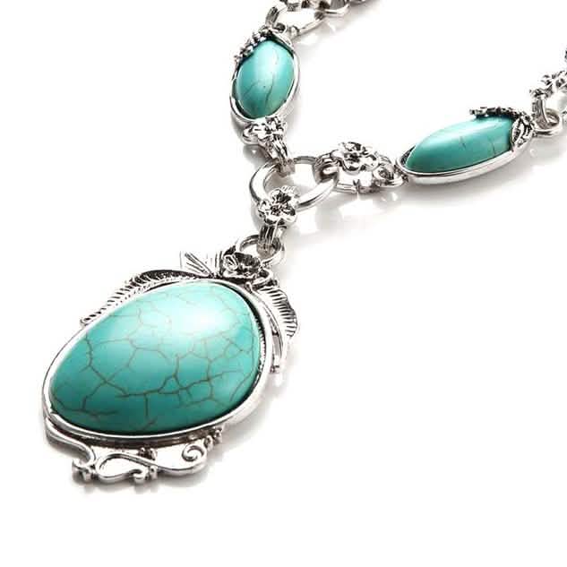 Novadab Antique Silver Tibet Turquoise Long Chain Silver Plated Necklace