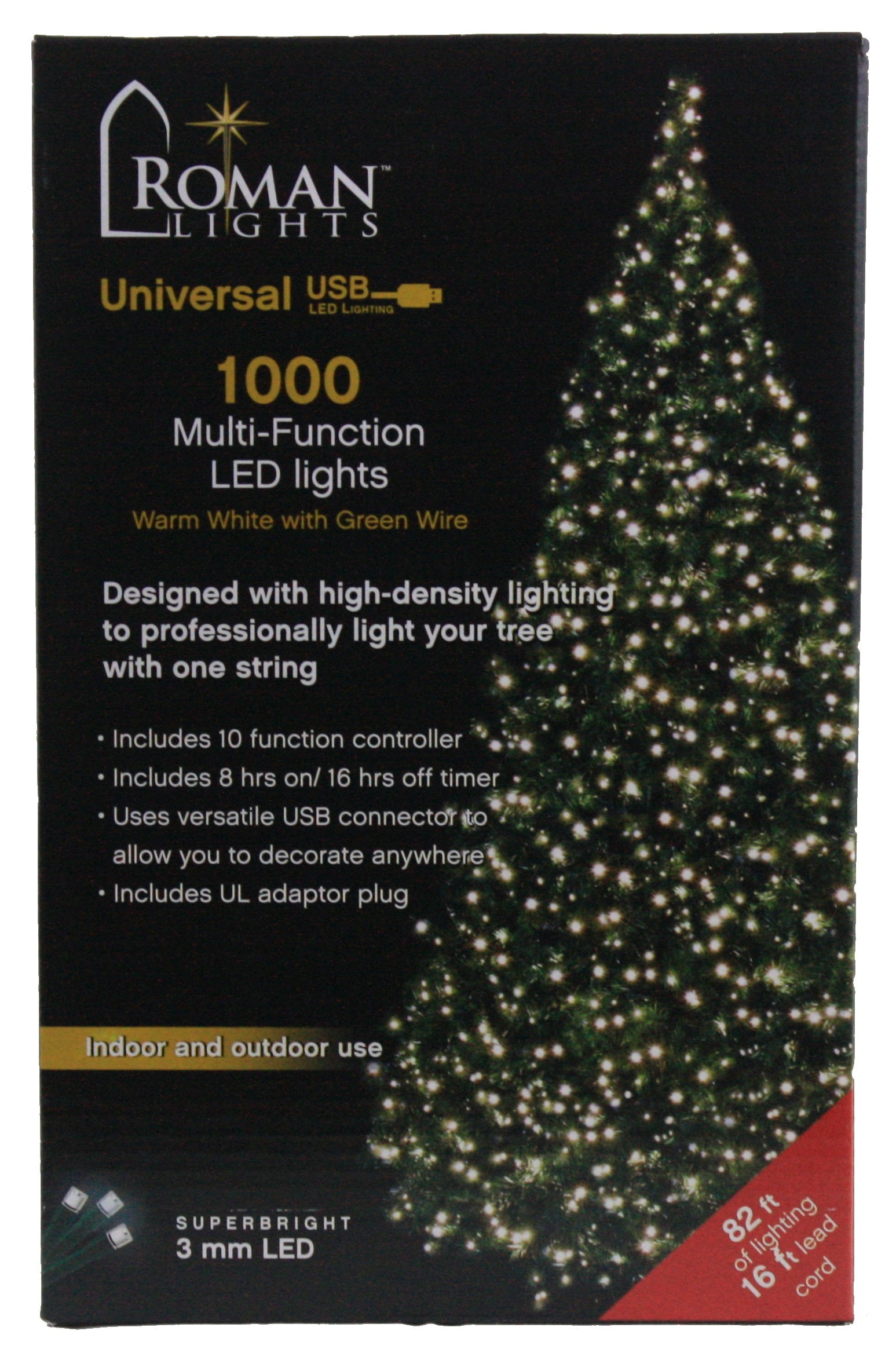 USB powered 1000 Superbright LED (82 foot) Green Wire Multifunction Lights with Timer - Warm White