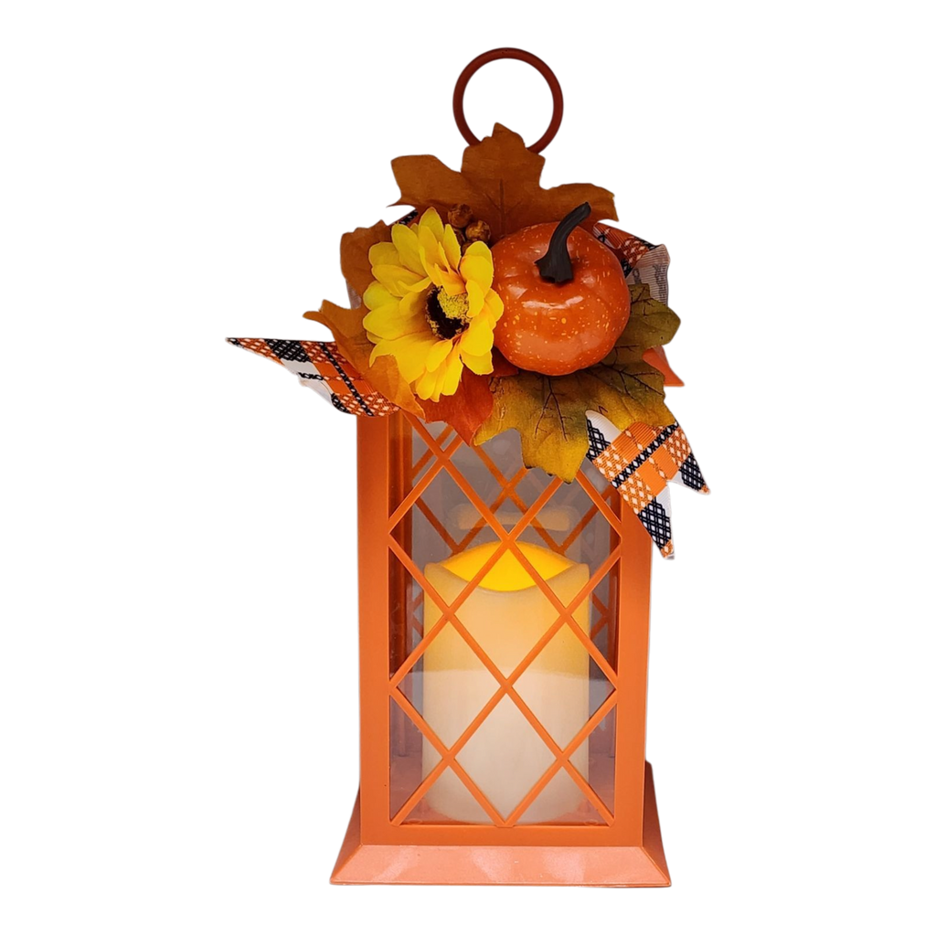 Harvest Lantern with Flickering LED Candle - Orange