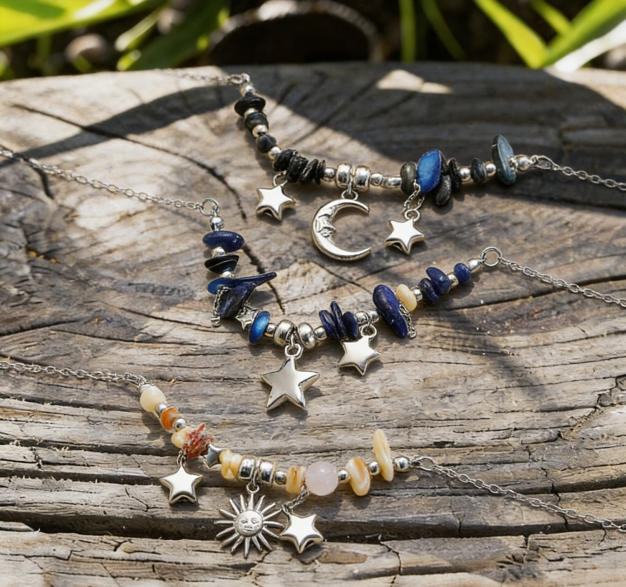 Colorful Chip Stone Boho Sun Moon Necklace