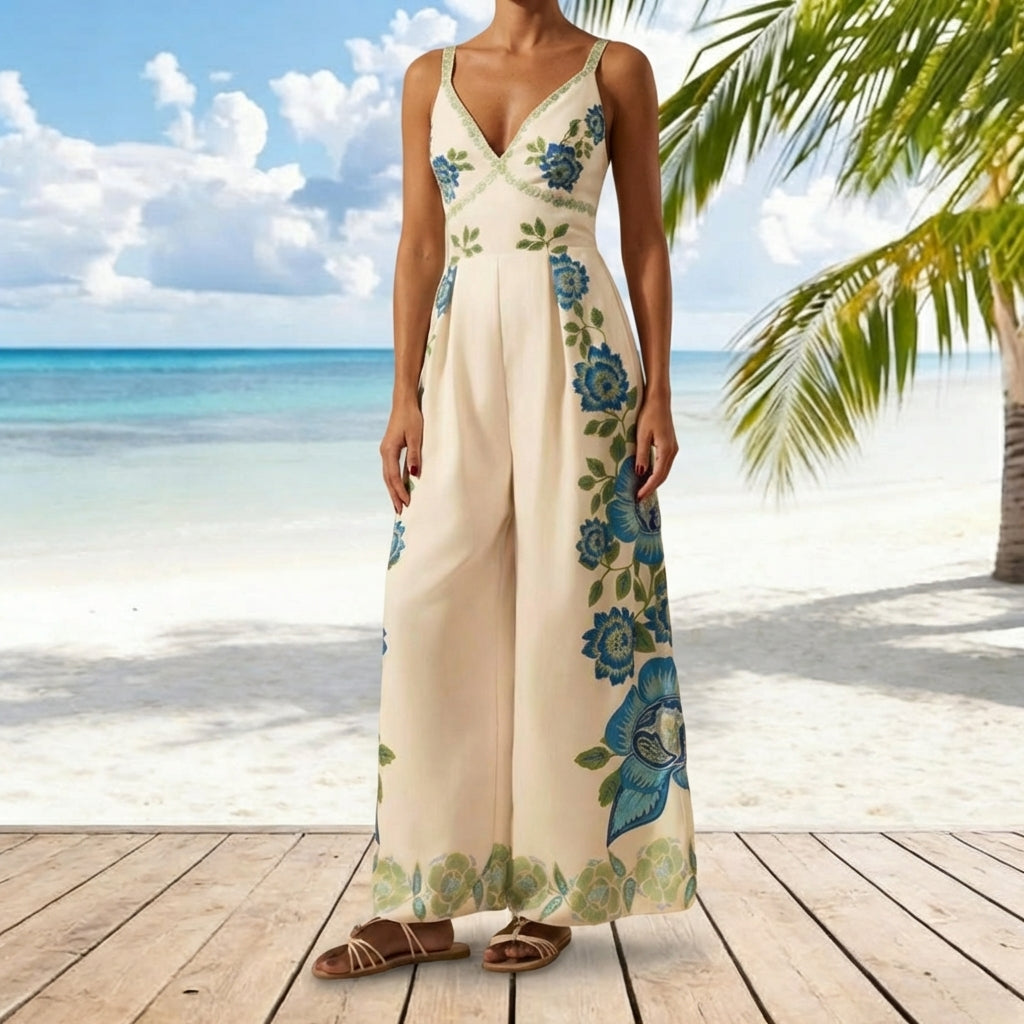 Summer V-Neck Fashion Print Halter Wide-Leg Jumpsuit
