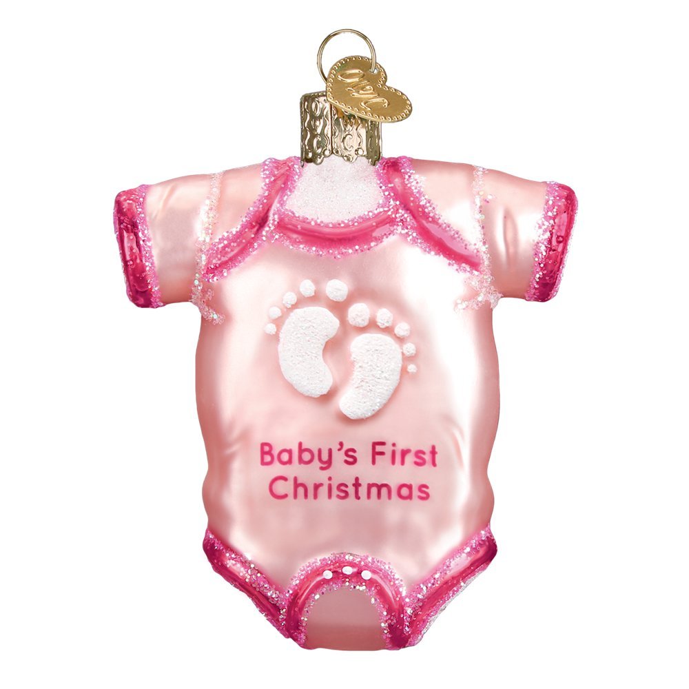 Babys First Christmas Pink Onesie Glass Ornament