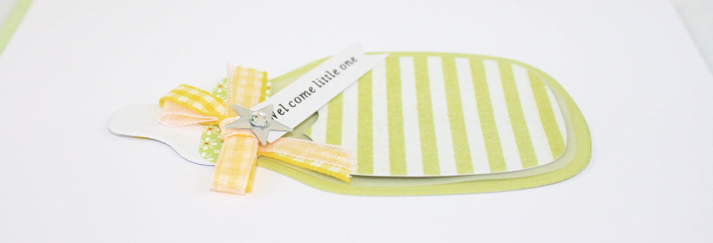 Handmade Embellished Welcome Baby Card - Green Baby Bottle