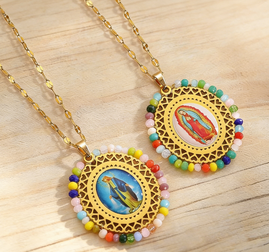Stainless Steel Virgin Mary Crystal Pendant Necklace