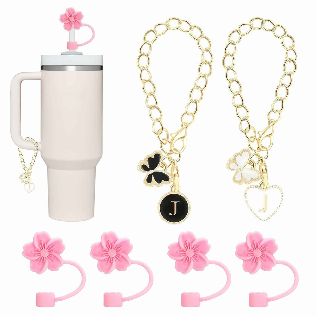 Sloworld 4PCS Straw Covers for Stanley 30/40oz + 2PCS J Letter Charms