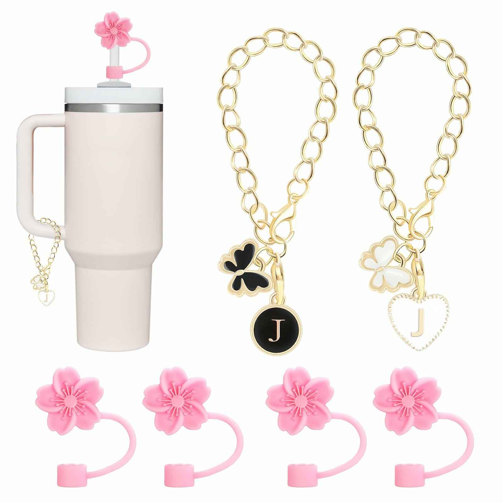 Sloworld 4PCS Straw Covers for Stanley 30/40oz + 2PCS J Letter Charms
