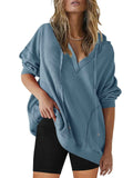 SENSERISE Women’s Oversized V Neck Hoodie Blue Waffle Knit Top Pockets Size M