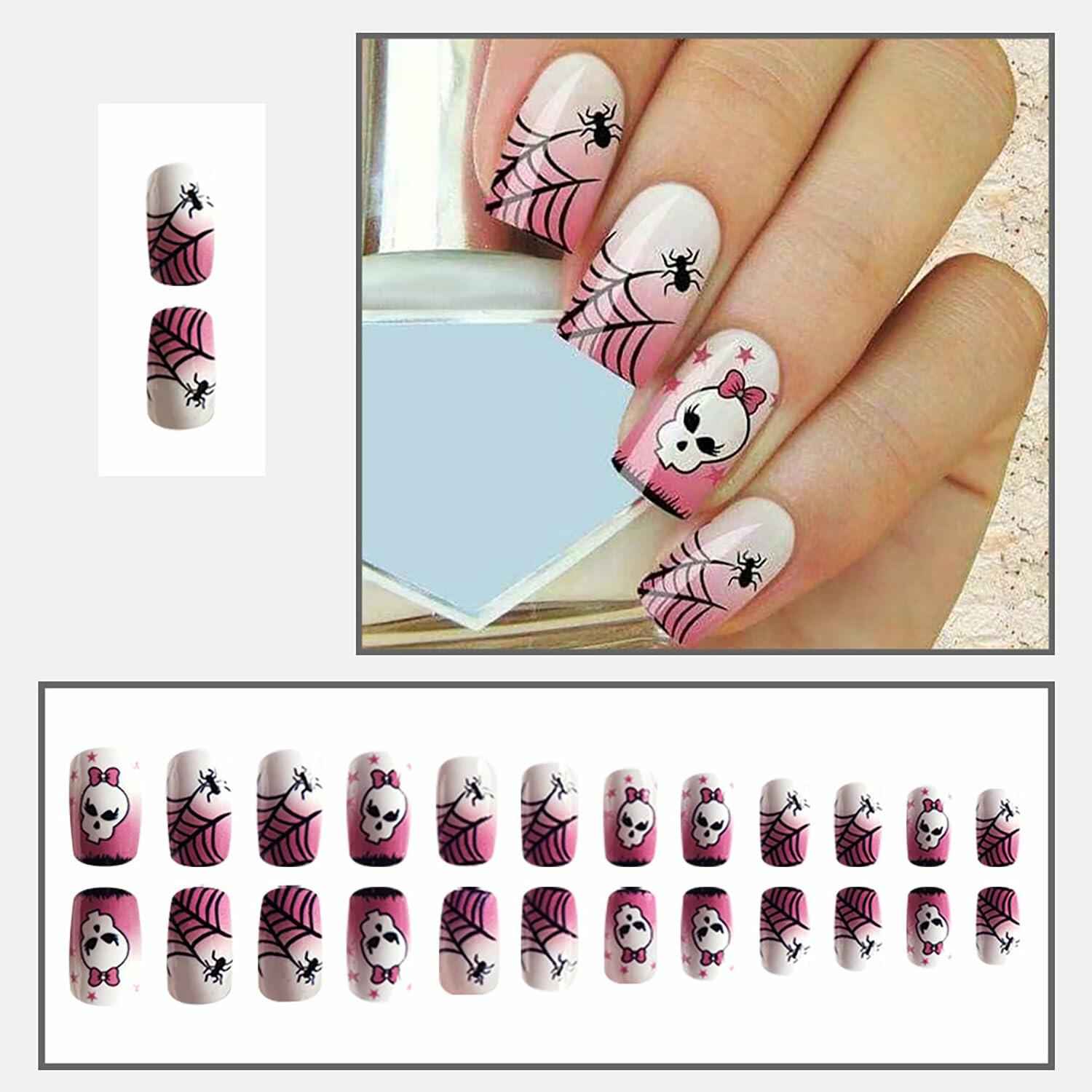 RIICFDD Halloween Spider Web Kawaii Skull Pink Gradient Short Square Nails 24