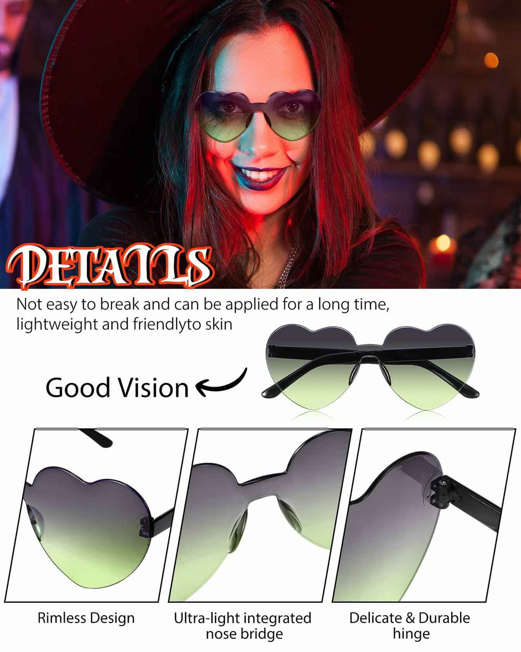 Photect 12 Pair Heart Sunglasses Gradient Green Yellow Purple Trendy Bulk