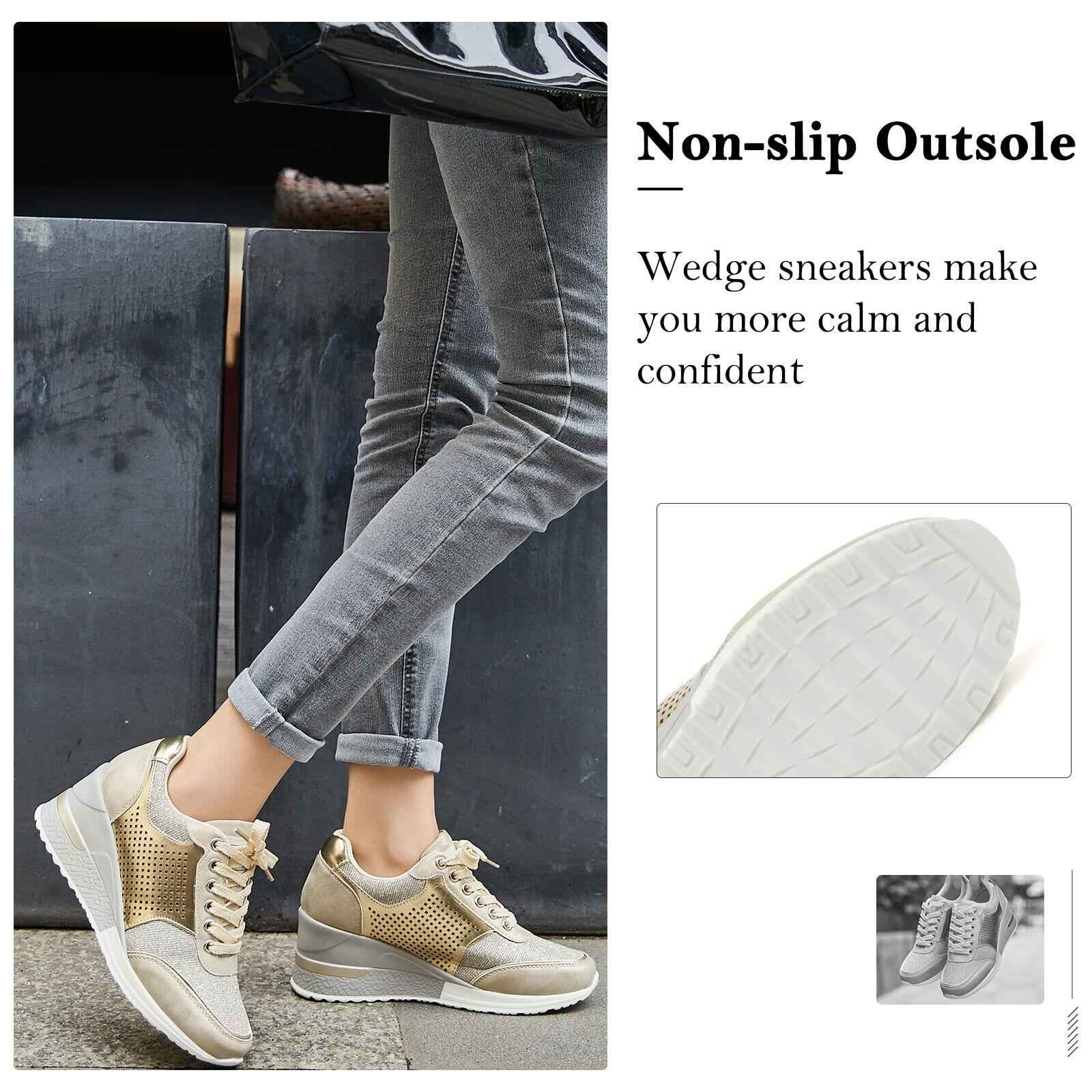 Gold High Heel Wedge Sneakers SM1-GOLD-6.5A Women Lace Up New