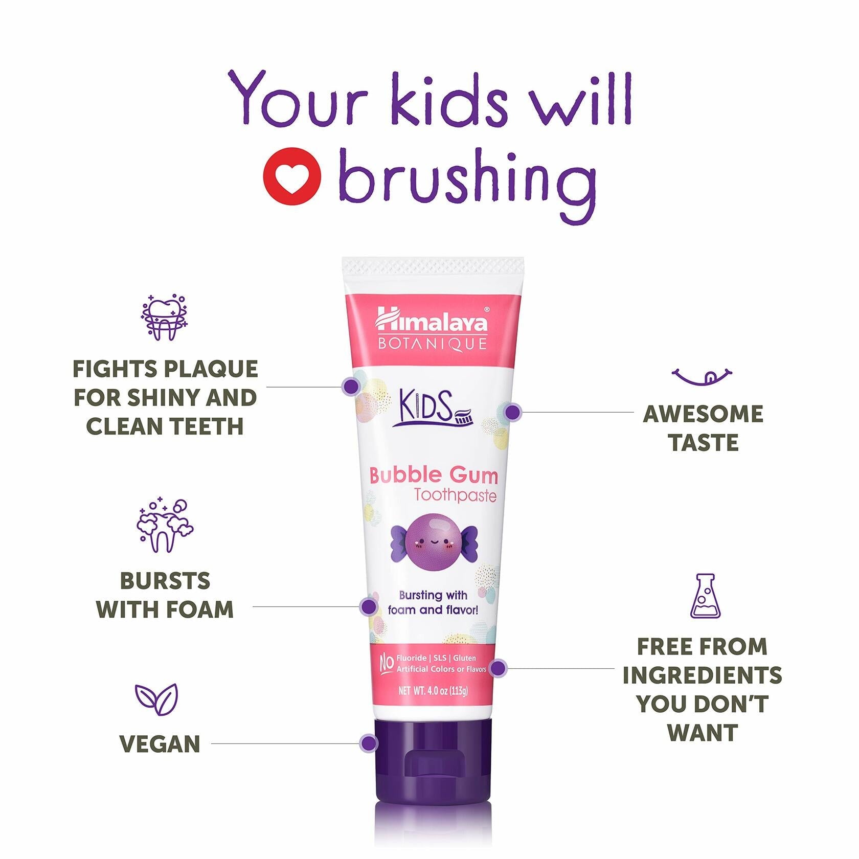 Himalaya Botanique Kids Toothpaste Herbal Bubble Gum Flavor Fluoride-Free 4oz