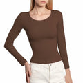 BRISIRA Women's Brown Long Sleeve Crop Top Slim Fit Scoop Neck Tee - Size M