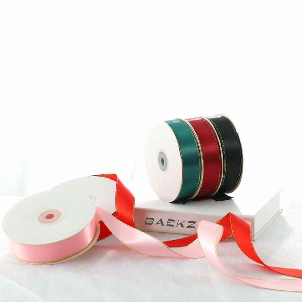 BAEKZ 1in Black Satin Ribbon Gold Edged 50 Yd Roll Flower Gift Decor