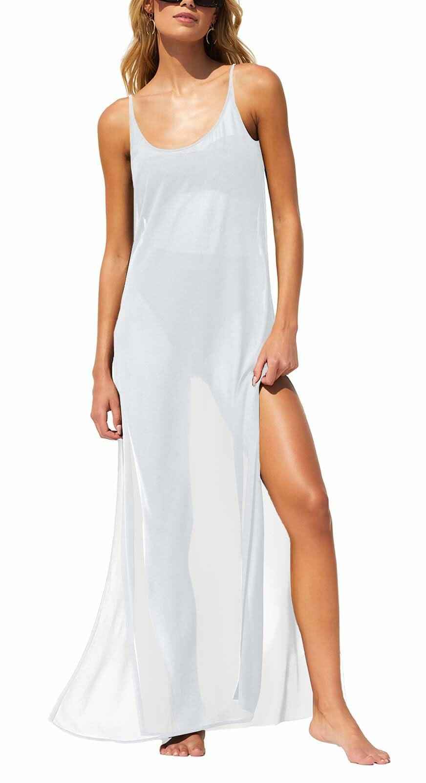 BWQ Women Bikini Coverup White Sheer Spaghetti Straps XXL Beach Dress