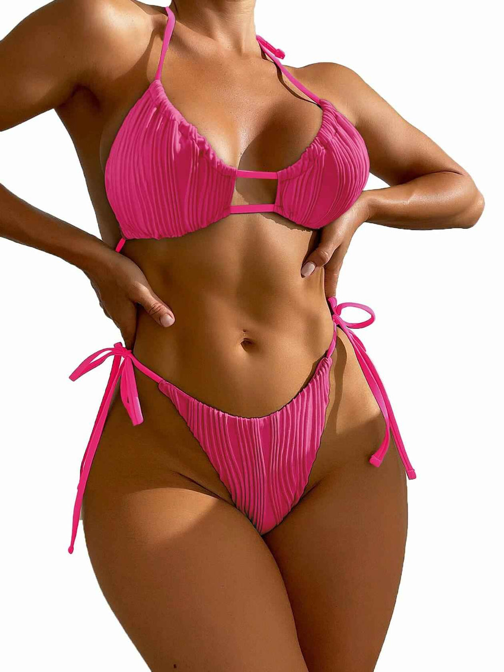 Zonsaoja Women's 2-Piece Ribbed Bikini Set Rose Cheeky Halter Top Size L