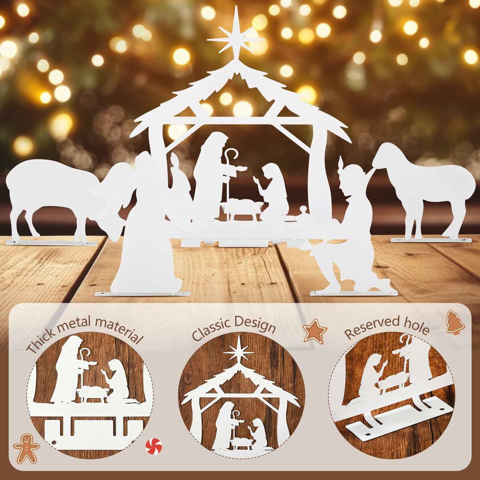 MorningRo White Metal Christmas Nativity Set 3 Pc Indoor Rustic Decor