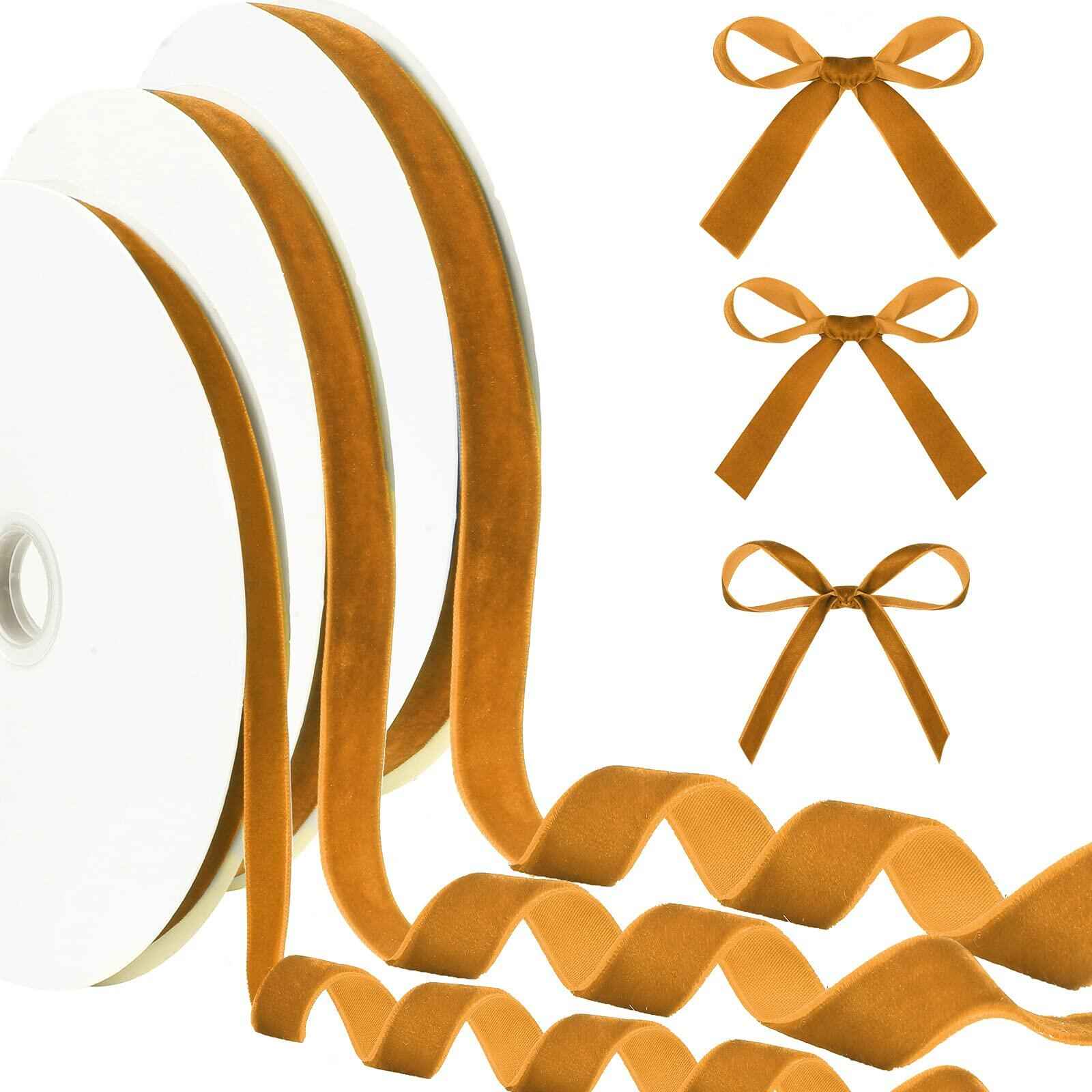 Yilloog 3 Rolls Christmas Velvet Ribbon 75 Yards 3/8 5/8 1 Inch Khaki Satin