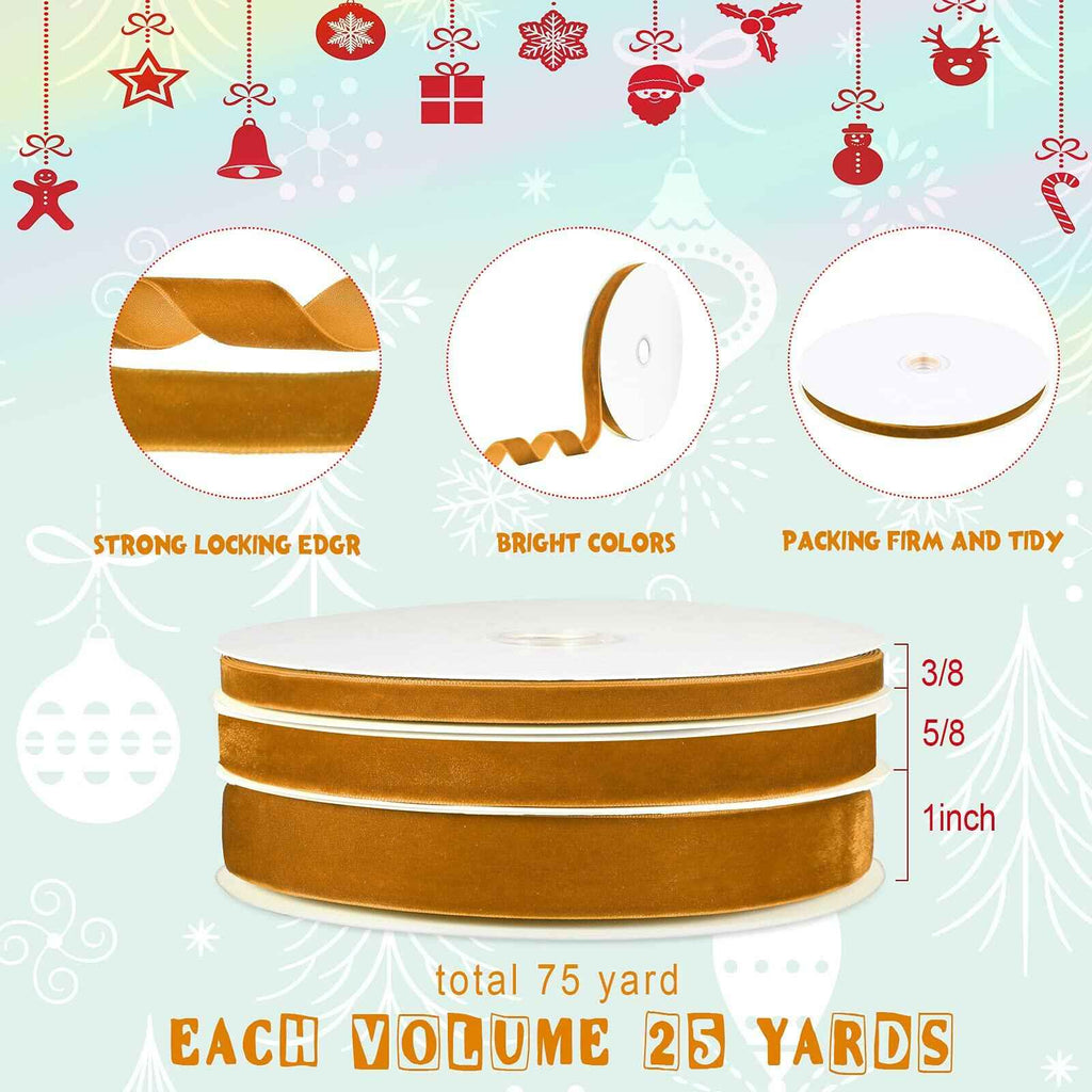 Yilloog 3 Rolls Christmas Velvet Ribbon 75 Yards 3/8 5/8 1 Inch Khaki Satin