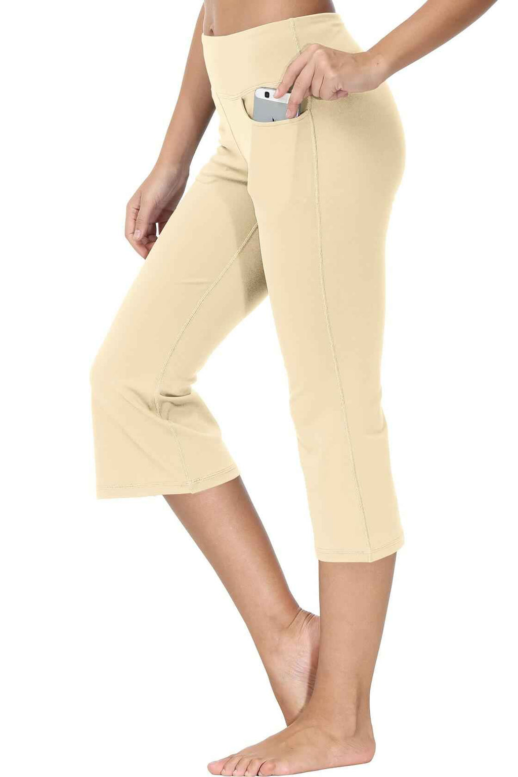 Cakulo Womens Capri Yoga Flare Pants Beige M Athletic Workout Pockets