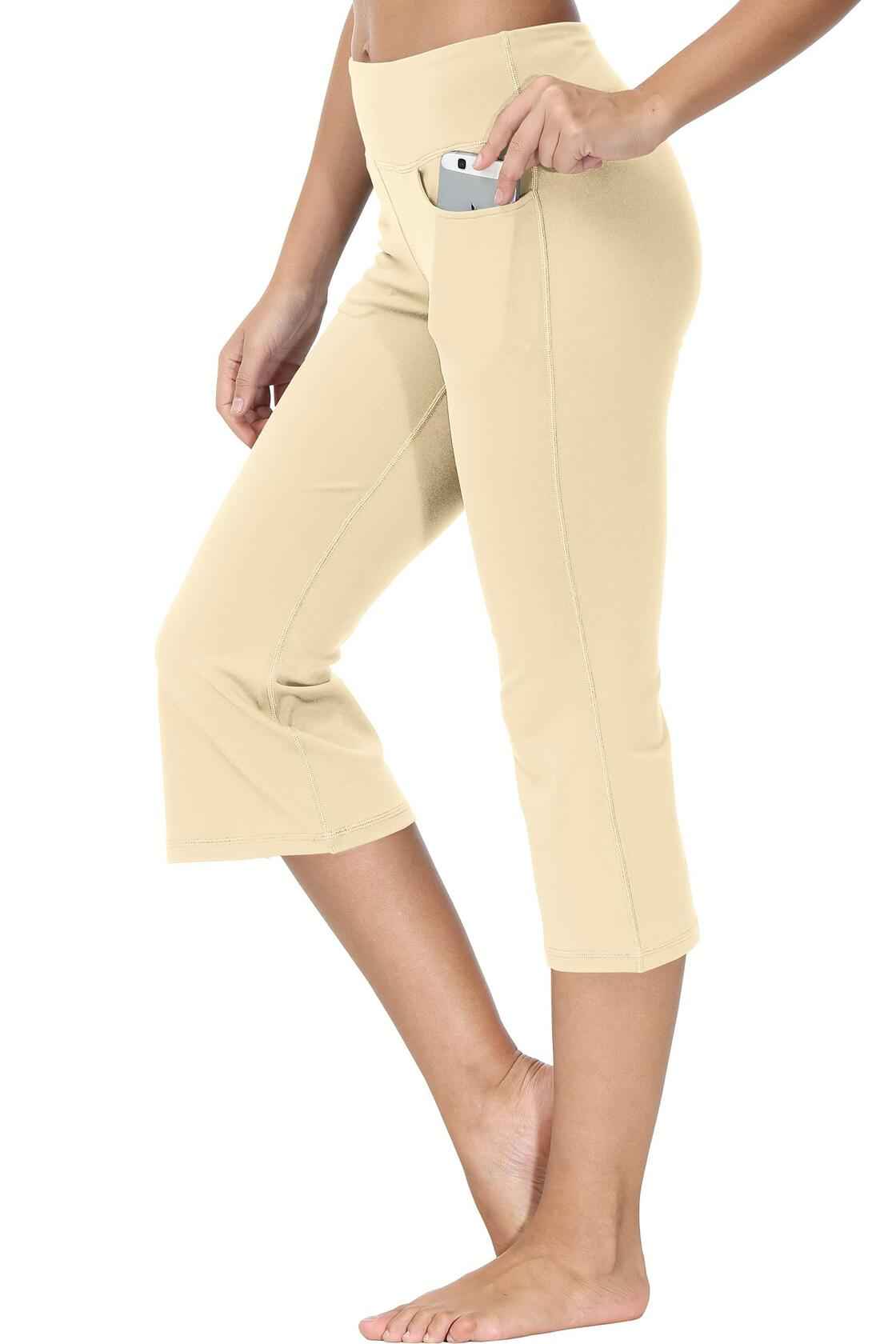 Cakulo Womens Capri Yoga Flare Pants Beige M Athletic Workout Pockets